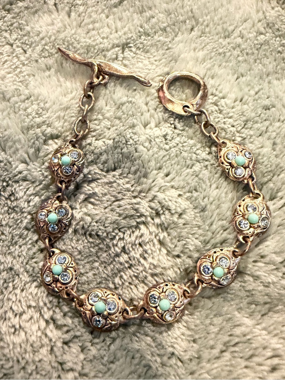 VTG Taratata France Signed Oxidized Silver Floral Cabochon Toggle Bracelet 7.75”